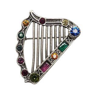 Vintage Style Harp Brooch With Multicolor Rhinestones Silver-Tone Metal Design